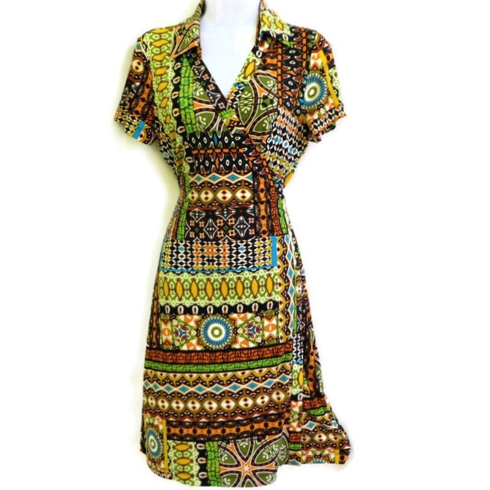 Calvin Klein Wrap Dress Mod Retro Psychedelic Knit Spandex 8 - Picture 2 of 8